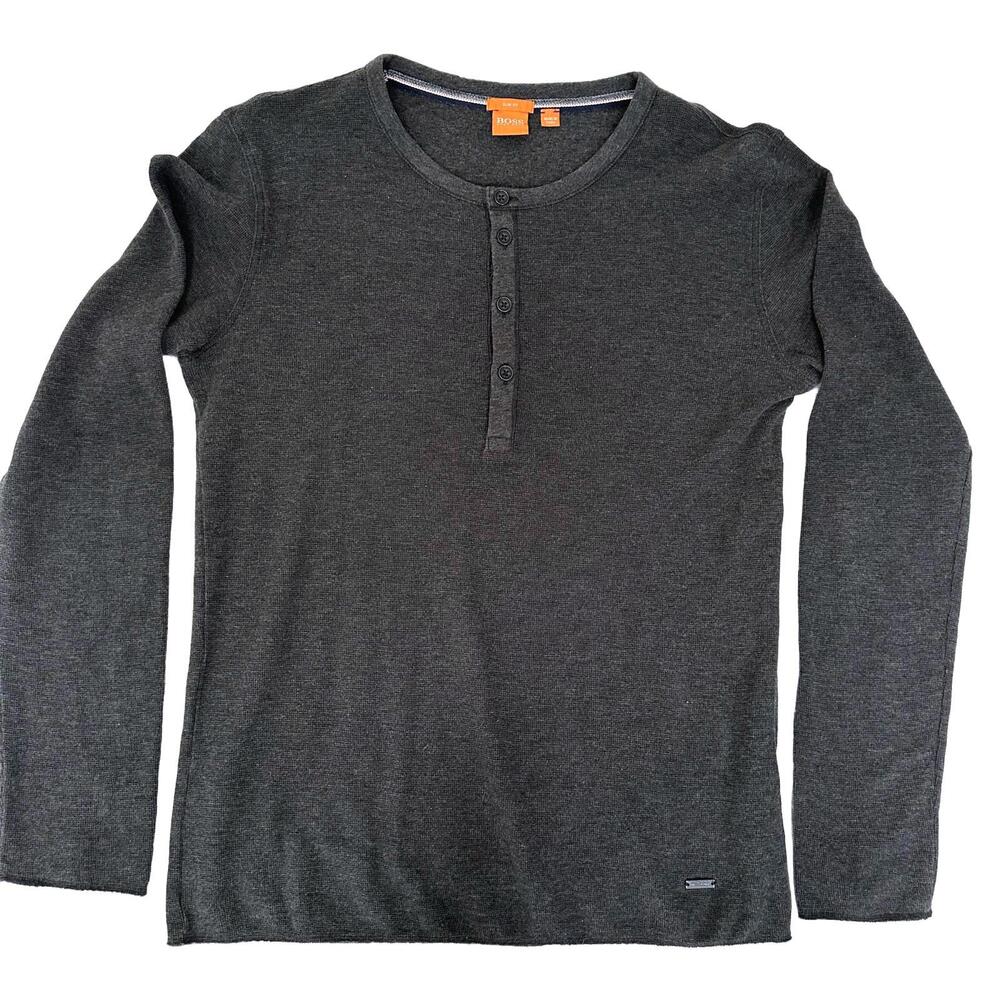 Hugo Boss Orange Dark Gray Slim Fit Men's 100% cotton Henley Sweater - Large